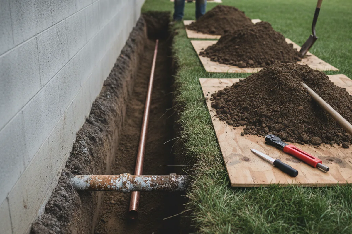 Excavated water line trench during Water Heater Repair in Smithfield
